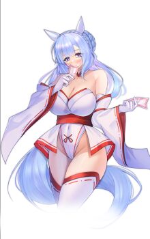 1girl animal_ears bare_shoulders blue_hair blush braid braided_bun breasts cela_f cleavage closed_mouth crown_braid detached_sleeves ear_covers gloves hair_bun highres holding horse_ears horse_girl horse_tail japanese_clothes large_breasts leotard long_hair looking_at_viewer mejiro_ardan_(umamusume) nontraditional_miko purple_eyes red_sash sash simple_background solo tail thighhighs umamusume white_background white_gloves white_leotard white_thighhighs wide_sleeves