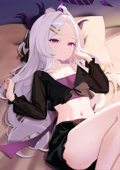 1girl absurdres alternate_costume black_skirt blue_archive breasts closed_mouth collarbone commentary_request forehead hair_ornament hairclip halo highres hina_(blue_archive) horns long_hair long_sleeves looking_at_viewer lying midriff navel on_back parted_bangs pillow purple_eyes skirt small_breasts solo stomach thighs very_long_hair white_hair wings yuuca