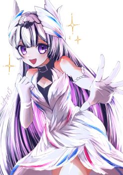 Rule 34 | 1girl, :d, black hair, breasts, center-flap bangs, cleavage, cleavage cutout, clothing cutout, dress, eyelashes, fire emblem, fire emblem engage, highres, long hair, multicolored hair, nintendo, open mouth, outstretched arm, pink hair, reaching, reaching towards viewer, simple background, small breasts, smile, solo, sparkle, standing, streaked hair, studio sugimoto, tiara, veyle (fire emblem), white background, white dress, white hair