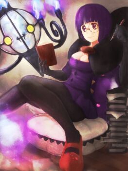 1girl blunt_bangs bob_cut book bow breasts buttons cecile39 chandelier chandelure cleavage elbow_gloves fire gen_5_pokemon ghost glasses gloves hand_up holding holding_book holding_pen large_bow low-cut medium_breasts neck_pillow nintendo pantyhose pen pokemon pokemon_(creature) pokemon_bw purple_eyes purple_fire purple_hair purple_skirt rimless_eyewear round_eyewear shauntal_(pokemon) short_hair skirt smile third-party_source yellow_eyes