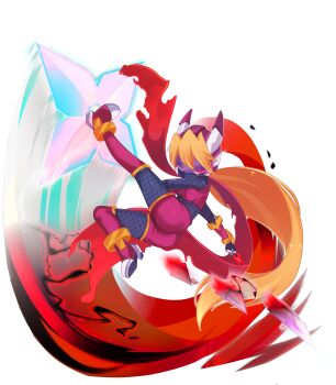 1girl absurdres aizeis alternate_costume alternate_eye_color assault_visor attack attack_trail biometal blonde_hair body_armor bodystocking boots breasts ciel_(mega_man) covered_navel crop_top crosshair_pupils electricity energy_blade energy_weapon fake_horns fishnet_bodystocking fishnets full_body helmet high_heel_boots high_heels highres horned_helmet horns kunai long_bangs long_hair long_scarf looking_at_viewer mask mega_man_(series) mega_man_zero_(series) mega_man_zx model_p_(mega_man) mouth_mask non-web_source ponytail red_eyes scarf shorts shuriken small_breasts solo thigh_boots thighs transparent_background weapon