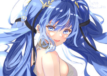 1girl absurdres amu_(amu_loud7777) artist_name bare_shoulders blue_eyes blue_hair breasts character_name commentary commentary_request english_commentary from_side highres iuno_(wuthering_waves) laurel_crown looking_at_viewer looking_to_the_side medium_breasts mixed-language_commentary open_mouth portrait smile solo twintails wuthering_waves