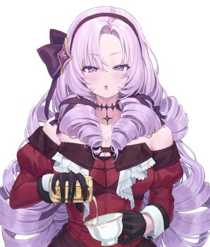 1girl absurdres breasts can choker cup curly_hair detached_sleeves dress gloves hair_ornament highres hyakumantenbara_salome hyakumantenbara_salome_(1st_costume) long_sleeves looking_at_viewer nijisanji open_mouth p00nipooni pouring purple_eyes purple_hair red_dress solo tattoo virtual_youtuber white_background