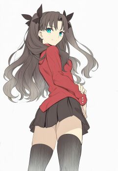1girl black_bow black_hair black_ribbon black_skirt black_socks black_thighhighs blue_eyes bow breasts closed_mouth fate/stay_night fate_(series) female_focus hair_bow hair_ribbon highres legs long_hair long_sleeves looking_at_viewer looking_back miniskirt pleated_skirt red_shirt ribbon sexually_suggestive shirt simple_background skirt small_breasts smile socks solo solo_focus thighhighs thighs tohsaka_rin twintails type-moon upskirt white_background zettai_ryouiki