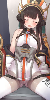 Rule 34 | 1girl, bare shoulders, black hair, black survival, blush, character request, closed eyes, dress, eternal return: black survival, hair rings, highres, long hair, open mouth, sitting, solo, torimaru, white dress