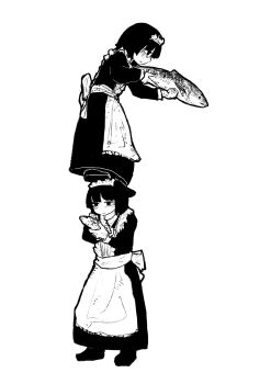 2girls apron back_bow bow com_shicom dress expressionless fish full_body greyscale hatching_(texture) highres long_sleeves maid maid_apron maid_headdress monochrome multiple_girls olofboost open_mouth original shoes short_hair simple_background standing standing_on_another's_head white_background