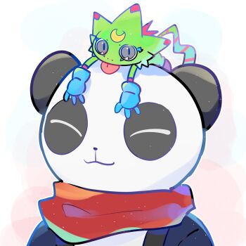 2boys :3 digimon digimon_(creature) digimon_beatbreak gekkomon highres lying_on_person mar22826683 multiple_boys no_humans pandamon red_scarf scarf smile standing tail white_background