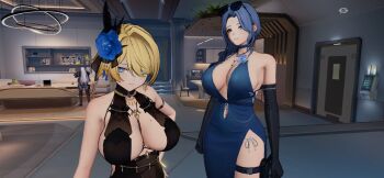 akabianchi backless_dress backless_outfit blonde_hair blue_choker blue_eyes blue_hair breasts brown_dress choker commentary_request dp-12_(girls'_frontline) dress elbow_gloves evening_gown eyewear_on_head flower game_screenshot girls'_frontline girls'_frontline_2:_exilium gloves hair_flower hair_intakes hair_ornament hair_over_shoulder helen_(girls'_frontline_2) highres huge_breasts long_hair mole mole_on_breast nikketa_(girls'_frontline_2) panties short_hair side-tie_panties thigh_strap underwear vsk-94_(girls'_frontline)