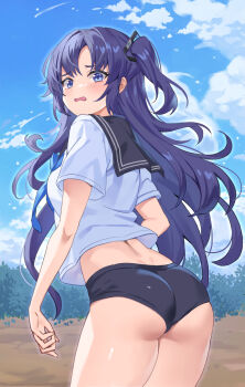 Rule 34 | 1girl, ass, black buruma, black halo, blue archive, buruma, commentary, from behind, hair ornament, halo, highres, long hair, mechanical halo, obu (da1103ll), purple eyes, purple hair, shirt, solo, symbol-only commentary, triangle hair ornament, white shirt, yuuka (blue archive)