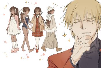 Rule 34 | 1boy, 1girl, alternate costume, alternate hairstyle, autumn leaves, bag, barefoot, blonde hair, bow, brown hair, closed eyes, dark-skinned female, dark skin, dress, fate/strange fake, fate (series), formal clothes, gilgamesh (fate), gloves, hat, jacket, leaf, long hair, pink shoes, plaid clothes, plaid dress, red shoes, red suit, school swimsuit, shoes, smile, suit, swimsuit, tine chelc, twintails, white dress