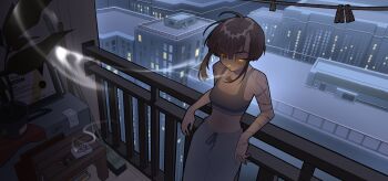 1girl against_railing bare_arms bare_shoulders bench blunt_bangs bored breasts brown_hair certificate choker city cleavage clothesline commentary cowboy_shot downturned_eyes english_commentary eyelashes grey_choker grey_pants grey_sports_bra highres looking_ahead midriff mole mole_under_each_eye mole_under_eye mop multiple_moles navel night original pants plant potted_plant railing redrawn scar scar_on_arm scar_on_hand short_hair short_hair_with_long_locks sidelocks slit_pupils smoking solo sports_bra sweatpants wikate yellow_eyes