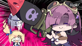 Rule 34 | 2girls, ahoge, bandeau, bare shoulders, black gloves, blank eyes, blonde hair, blunt bangs, brown bandeau, c:, chinese text, colored eyelashes, commentary request, curtained hair, emphasis lines, false smile, gloves, goggles, goggles on head, helmet, highres, missing commentary, mole, mole under mouth, multiple girls, neuvira (stella sora), official art, pink background, purple hair, rocket launcher, rpg (weapon), shaded face, side ponytail, sidelocks, smile, solo focus, stella sora, tilia (stella sora), weapon