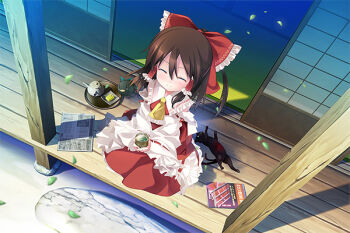 1girl ascot black_cat bow brown_hair cat closed_eyes closed_mouth commentary_request detached_sleeves facing_viewer falling_leaves food food_request frilled_bow frilled_hair_tubes frills green_tea hair_between_eyes hair_bow hair_tubes hakurei_reimu kaenbyou_rin kaenbyou_rin_(cat) leaf long_hair multiple_tails newspaper red_bow red_skirt ribbon-trimmed_sleeves ribbon_trim shouji sitting skirt skirt_set sliding_doors smile steam tail tatami tea teapot tororo_(toriaezu) touhou two_tails variant_set yellow_ascot