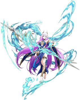 Rule 34 | 1girl, absurdres, armlet, armor, aura, bare shoulders, barefoot, blue dress, blue eyes, blue nails, blue sleeves, bracelet, breasts, cleavage, closed mouth, criss-cross halter, crossed legs, detached sleeves, dress, facial mark, floating, floating clothes, floating hair, floating object, floating weapon, forehead mark, full body, game cg, gold armlet, gold bra, gold tiara, gold trim, gradient hair, greaves, hair ornament, halterneck, highres, hydrokinesis, jewelry, langrisser, langrisser mobile, light smile, liquid weapon, long hair, looking at viewer, magic, medium breasts, multicolored hair, nail polish, official art, parted bangs, pink hair, pointy ears, polearm, purple hair, revealing clothes, second-party source, shin guards, side slit, sidelocks, simple background, solo, spear, standing, sylrna (langrisser), tachi-e, thighlet, tiara, transparent background, very long hair, water, weapon, wide sleeves