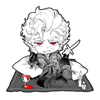 Rule 34 | 1boy, astarion, atmt666, baldur's gate, baldur's gate 3, belt, boots, candle, chibi, chibi only, cup, cushion, dagger, drinking glass, dungeons & dragons, dungeons &amp; dragons, elbow rest, elf, fangs, full body, greyscale, hand on own cheek, hand on own face, highres, holding, holding dagger, holding knife, holding weapon, jacket, knife, looking at viewer, male focus, monochrome, pointy ears, reclining, red eyes, rug, short hair, simple background, smirk, solo, spot color, weapon, white background