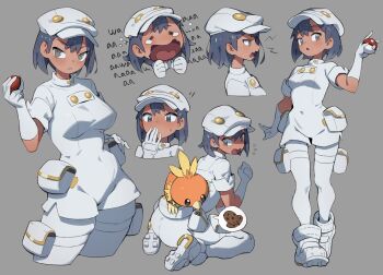 absurdres aether_foundation_employee aether_foundation_employee_(female) aether_foundation_uniform dark-skinned_female dark_skin flashlight flowerpigeon hat highres nintendo pokemon pokemon_(creature) pokemon_sm