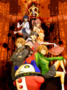 Rule 34 | 2boys, 4girls, amagi yukiko, atlus, bad end, bikini, black eyes, blue hair, brown hair, dark persona, dress, evil grin, evil smile, fundoshi, glowing, glowing eyes, gown, grey hair, grin, hanamura yousuke, hand fan, hat, headphones, highres, japanese clothes, kiwo, kujikawa rise, kuma (persona 4), megami tensei, multiple boys, multiple girls, necktie, persona, persona 4, red eyes, red hair, satonaka chie, school uniform, shadow (persona), shadow chie, shadow kanji, shadow kuma, shadow naoto, shadow rise, shadow yousuke, shadow yukiko, shin megami tensei, shirogane naoto, smile, swimsuit, tatsumi kanji, tiara, twintails, yellow eyes