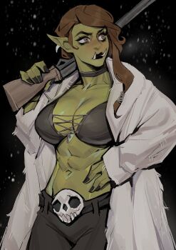 abs belt belt_buckle black_choker black_eyeliner black_lips black_nails black_pants breasts brown_eyes brown_hair buckle choker coat colored_skin commentary curly_hair earrings english_commentary eyeliner female_orc green_skin gun hand_on_own_hip highres jewelry lace-up_top large_breasts makeup muscular muscular_female orc original pants pointy_ears shotgun single_earring skull snow thick_eyelashes tusks weapon white_coat ykshelter