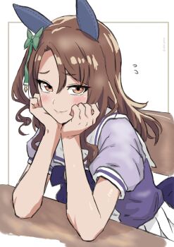 1girl animal_ears blush bow brown_eyes brown_hair closed_mouth commentary_request ear_covers flying_sweatdrops furrowed_brow hair_ornament head_rest highres horse_ears horse_girl king_halo_(umamusume) looking_at_viewer medium_hair mini_pekoe purple_bow purple_shirt sailor_collar school_uniform shirt short_sleeves sitting skirt smile solo summer_uniform tracen_school_uniform umamusume white_sailor_collar white_skirt