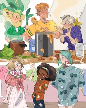! !! 2girls 4boys afro alisa_(pokemon) arven_(pokemon) awlba beldum black_hair brown_eyes brown_hair cilan_(pokemon) curly_hair dark-skinned_female dark_skin earrings facial_hair floral_print flower flower_necklace gen_3_pokemon gen_5_pokemon goatee green_eyes green_hair grey_hair hair_over_one_eye hawaiian_shirt headband hibiscus_print highres holding holding_spoon jewelry lei long_hair multicolored_hair multiple_boys multiple_girls necklace nintendo on_shoulder orange_hair pansage pokemon pokemon_(creature) pokemon_bw pokemon_concierge pokemon_on_shoulder pokemon_oras pokemon_sv pokemon_xy serena_(pokemon) shirt short_hair skirt spoon tyler_(pokemon) wallace_(pokemon) yellow_shirt
