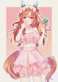 Rule 34 | 1girl, absurdres, animal ears, bare shoulders, blush, border, brown hair, brown tail, camellia (camel mal), clothing cutout, commentary request, cowboy shot, crepe, ear covers, food, gradient background, hair between eyes, hair ribbon, hand up, highres, holding, holding crepe, holding food, horse ears, horse girl, horse tail, ice cream crepe, layered skirt, long hair, looking at viewer, meni shuki rush-sshu!, midriff, multicolored hair, open mouth, outside border, pink background, pink shirt, pink skirt, polka dot, polka dot background, red eyes, red ribbon, ribbon, shirt, shoulder cutout, skirt, solo, still in love (umamusume), streaked hair, tail, umamusume, veil, white border, white streaks, white veil