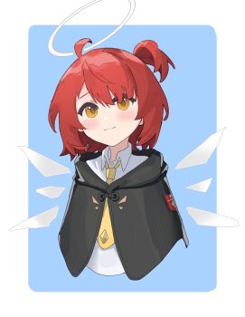 1girl :3 absurdres aged_down ahoge arknights black_capelet blue_background blush border capelet closed_mouth collared_shirt commentary cropped_torso detached_wings exusiai_(arknights) exusiai_(young)_(arknights) halo highres hood hood_down hooded_capelet ikanzako light_smile necktie one_side_up red_hair shirt short_hair simple_background solo traditional_halo white_border white_halo white_shirt wings yellow_eyes yellow_necktie