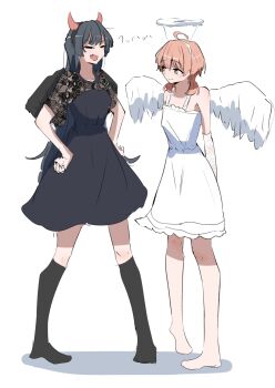 2girls ahoge angel_wings barefoot black_dress black_hair black_socks blush commentary_request dress fake_halo fake_horns fang halo highres horns kneehighs koito_yuu long_hair low_twintails medium_hair multiple_girls nanami_touko no_shoes nobunaga_(nbng_g) open_mouth orange_eyes orange_hair short_hair short_twintails skin_fang socks twintails white_dress wings yagate_kimi_ni_naru
