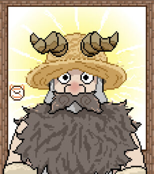 1boy beard border brown_hair dungeon_meshi dwarf facial_hair fake_horns hat helmet horned_helmet horns long_beard looking_at_viewer male_focus mustache pixel_art senshi_(dungeon_meshi) sharkall solo straight-on straw_hat sunburst thick_mustache upper_body very_long_beard