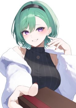 Rule 34 | 1girl, black hairband, black shirt, box, box of chocolates, breasts, coat, green hair, grin, hairband, hand up, highres, holding, holding box, incoming gift, komito (komito5310), large breasts, looking at viewer, medium hair, nail polish, purple eyes, red nails, shirt, simple background, sleeveless, sleeveless shirt, smile, solo, striped clothes, striped shirt, upper body, valentine, vertical-striped clothes, vertical-striped shirt, virtual youtuber, vspo!, white background, white coat, yakumo beni