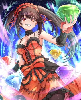 1girl absurdres bare_shoulders black_choker black_hair breasts chaos_emerald choker cleavage clock_eyes clockwork commentary commission date_a_live diamond_(shape) dress english_commentary frilled_hairband frills gem gloves gothic_lolita hair_between_eyes hairband heterochromia highres holding holding_gem lolita_fashion lolita_hairband long_hair mrrollingcircle pantyhose red_eyes red_headdress roman_numeral skirt smile solo sonic_(series) symbol-shaped_pupils teeth tokisaki_kurumi tokisaki_kurumi_(spirit) twintails uneven_twintails