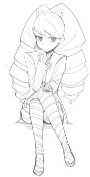 1girl arlcn_(arlcn_1115) blush bow crossed_legs drill_hair hair_bow highres long_hair looking_at_viewer luna_platz_(mega_man) mega_man_(series) mega_man_star_force_(series) pantyhose simple_background sitting striped_clothes striped_pantyhose twin_drills very_long_hair white_background