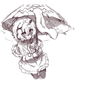 Rule 34 | 1girl, absurdres, capelet, commentary, frilled capelet, frilled skirt, frills, greyscale, hair ornament, highres, holding, holding umbrella, karakasa obake, korean commentary, long sleeves, medium hair, monochrome, open mouth, rampa93, shirt, skirt, smile, solo, tatara kogasa, thighhighs, touhou, umbrella, vest, x hair ornament