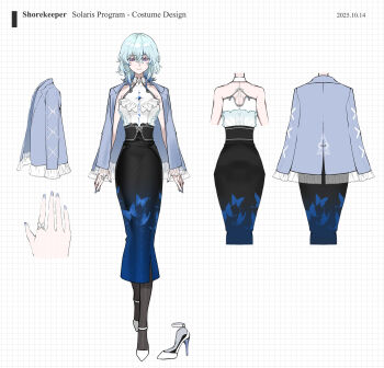 Rule 34 | 1girl, bare shoulders, black pantyhose, black skirt, blue hair, blue jacket, blue nails, blue skirt, breasts, closed mouth, commentary request, dated, fingernails, gradient clothes, gradient skirt, hair between eyes, high heels, highres, jacket, long hair, long hair between eyes, long skirt, looking at viewer, medium breasts, nail polish, official alternate costume, pantyhose, purple eyes, reference sheet, shirt, shoes, shorekeeper (wuthering waves), skirt, smile, solo, suzuhi (fullprayer), white shirt, white shoes, wuthering waves