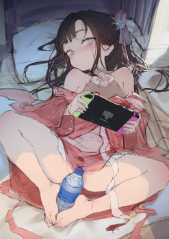 1girl bare_shoulders barefoot blush bottle butterfly_hair_ornament hair_ornament hair_spread_out handheld_game_console highres holding holding_handheld_game_console loli looking_at_viewer lying on_back original pillow sketch solo spread_legs thighs water_bottle waymay