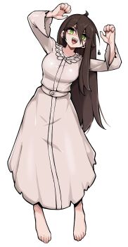 1girl ahoge arms_up barefoot breasts brown_hair commentary double-parted_bangs dress english_commentary full_body green_eyes grey_dress hair_between_eyes highres long_dress long_hair long_sleeves looking_at_viewer medium_breasts oninuer open_mouth original simple_background smile solo teeth toes upper_teeth_only white_background