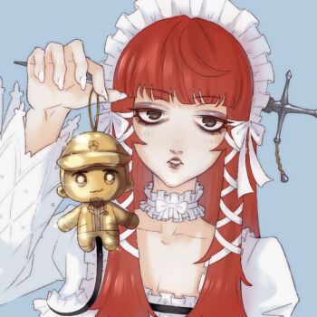 1girl blue_background brown_eyes character_charm charm_(object) choker commentary english_commentary frilled_choker frilled_hairband frills gold hair_ribbon hairband holding holding_charm iori_junpei lolita_fashion lolita_hairband long_hair long_sleeves looking_at_viewer meme mynight_terror object_through_head parted_lips persona persona_3 red_hair ribbon simple_background sword_in_head upper_body white_ribbon yoshino_chidori