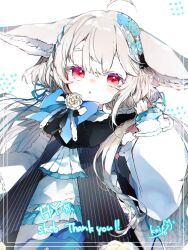 Rule 34 | :o, animal ear fluff, animal ears, ascot, bare shoulders, bell, blue bow, blue dress, blue ribbon, bow, bowtie, braid, child, collar, collared dress, commission, detached sleeves, dress, flower, fox ears, fox girl, fox tail, frilled collar, frilled dress, frilled sleeves, frills, hair between eyes, hair ornament, hair scrunchie, hand up, highres, koito (l0ve la bit), large ears, large tail, layered dress, long hair, long sleeves, looking at viewer, low twintails, original, parted lips, puffy long sleeves, puffy sleeves, red eyes, ribbon, sakurada shiro (hy plus), sakurada shiro (original) (hy plus), sash, scrunchie, short dress, side braid, skeb commission, sleeveless, sleeveless dress, sleeves past wrists, solo, standing, tail, thank you, twintails, upper body, vertical-striped sash, very long hair, white ascot, white background, white dress, white flower, white hair