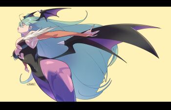 1girl animal_print bat_print bat_wings breasts cheesecakes_by_lynx commentary darkstalkers demon_girl english_commentary grey_hair head_wings highres letterboxed long_hair morrigan_aensland pantyhose print_pantyhose solo wings