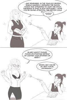 2girls blush book bra breasts buttons chair closed_eyes diana_cavendish english_text glasses kagari_atsuko lace large_breasts little_witch_academia long_hair magic miniskirt monochrome multiple_girls non-web_source open_clothes open_mouth open_shirt ponytail ribbon school_uniform sequential shirt side_ponytail skirt smile sparkle speech_bubble straight_hair table thighhighs thotticus-slayer underwear vest wand wavy_hair