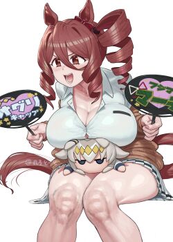 1girl animal_ears blush breast_press breasts brown_cardigan brown_eyes brown_hair brown_tail button_gap cardigan character_doll cleavage collared_shirt doll drill_hair drill_ponytail drill_sidelocks gyaru hair_between_eyes hand_fan highres holding holding_fan horse_ears horse_girl horse_tail huge_breasts knees_together_feet_apart long_hair long_hair_between_eyes maruko_tooto norn_ace_(umamusume) oguri_cap_(umamusume) open_collar open_mouth paper_fan pleated_skirt shirt side_ponytail sidelocks simple_background sitting skirt smile stuffed_toy tail thighs uchiwa umamusume umamusume:_cinderella_gray white_background white_shirt white_skirt