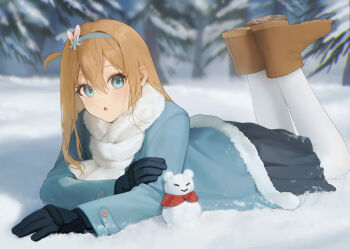 Rule 34 | 1girl, :o, absurdres, black gloves, black skirt, blonde hair, blue eyes, blue jacket, boots, brown boots, commentary, forest, full body, fur-trimmed jacket, fur scarf, fur trim, girls' frontline, gloves, highres, jacket, kir (khw66136132), legs up, long hair, looking at viewer, lying, mini snowman, nature, on ground, on stomach, open mouth, scarf, skirt, snow, snowman, solo, suomi (girls' frontline), thighhighs, tree, white scarf, white thighhighs, winter