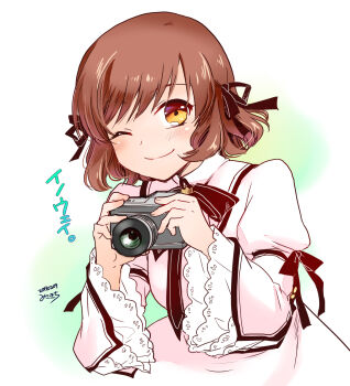 Rule 34 | 1girl, 2017, black ribbon, blush, brown eyes, brown hair, camera, closed mouth, commentary request, dated, dress, eyelashes, frilled sleeves, frills, hair ribbon, hands up, highres, holding, holding camera, inoue (rewrite), juliet sleeves, kazamatsuri institute high school uniform, long sleeves, looking at viewer, medium hair, misaki juri, one eye closed, pink dress, puffy sleeves, red ribbon, rewrite, ribbon, ribbon-trimmed sleeves, ribbon trim, school uniform, signature, simple background, smile, solo, standing, straight-on, swept bangs, translated, upper body, white background, wide sleeves