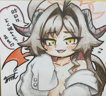 1girl absurdres ahoge blue_archive commentary_request flat_chest hair_intakes halo highres horns kasumi_(blue_archive) red_halo shikishi solo speech_bubble tomimon traditional_media translation_request yellow_eyes