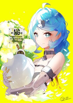 1girl absurdres ahoge bangboo_(zenless_zone_zero) bare_shoulders blue_eyes blue_hair blush bouquet breasts cleavage closed_mouth commentary_request elbow_gloves flower flower_hairpin gloves highres holding holding_bouquet looking_at_viewer mole mole_on_shoulder petals ponytail see-through_dress_layer seed_(zenless_zone_zero) small_breasts smile solo upper_body white_flower white_gloves yellow_background zenless_zone_zero zeroartwo