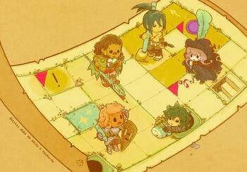 2girls 3boys armor black_robe braid brown_background brown_hair bushidou_(sekaiju) bushidou_1_(sekaiju) calligraphy_brush chibi chibi_only commentary_request curse_maker curse_maker_2 doctor_magus doctor_magus_1 eraser etrian_odyssey green_hair hijikimon2mon holding holding_calligraphy_brush holding_paintbrush holding_quill hood hood_up looking_afar map monk_(sekaiju) monk_5_(sekaiju) multiple_boys multiple_girls paintbrush paladin_(sekaiju) paladin_4_(sekaiju) pencil quill robe romaji_text scar scar_on_face sekaiju_no_meikyuu sekaiju_no_meikyuu_2 solid_oval_eyes tan topless_male twin_braids