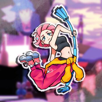 Rule 34 | 1girl, 2025, arm up, artist name, bare shoulders, beat (unbeatable), black sports bra, blue eyes, blurry, blurry background, breasts, cardigan, cardigan around waist, clothes around waist, commentary, dynamic pose, english commentary, female focus, floating hair, full body, highres, jumping, looking at viewer, medium breasts, microphone, microphone stand, midriff, outline, pants, pink hair, pink lips, pink pants, pink shoes, serious, shoes, short hair, sneakers, solo, sports bra, sweatpants, turytury3, unbeatable, yellow cardigan