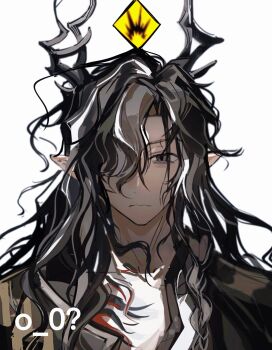 1boy arknights black_hair chinese_commentary closed_mouth commentary_request dragon_boy dragon_horns expressionless flourrr hair_over_one_eye highres horns long_hair looking_at_viewer male_focus multicolored_hair pointy_ears simple_background solo streaked_hair upper_body wang_(arknights) white_background