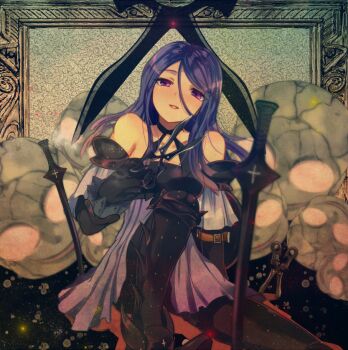 1girl arm_support armor black_gloves detached_sleeves drag-on_dragoon drag-on_dragoon_3 female_focus gloves greaves long_hair looking_at_viewer purple_eyes purple_hair scissors shougo_kota sitting skirt solo sword three_(drag-on_dragoon) weapon