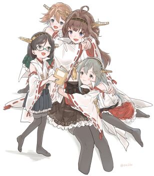 Rule 34 | 4girls, aged down, black hair, black pantyhose, blush, book, brown hair, commentary request, detached sleeves, glasses, grey hair, hair ornament, hairclip, haruna (kancolle), headgear, hiei (kancolle), highres, holding, holding book, japanese clothes, kantai collection, kirishima (kancolle), kokko (014kko), kongou (kancolle), long hair, multiple girls, nontraditional miko, open mouth, pantyhose, red skirt, ribbon-trimmed sleeves, ribbon trim, short hair, simple background, sitting, skirt, smile, thighhighs, twitter username, white background, white sleeves