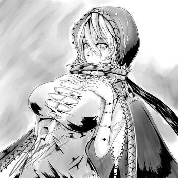 1girl artist_request black_cloak breasts cleavage cloak code_vein dress hands_on_own_chest hood io_(code_vein) large_breasts monochrome short_hair solo torn_clothes white_dress white_hair